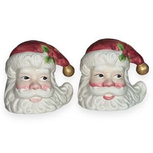 Vintage Big Ceramic Santa Claus Head Salt & Pepper Shakers Hand Painted 4” H‎